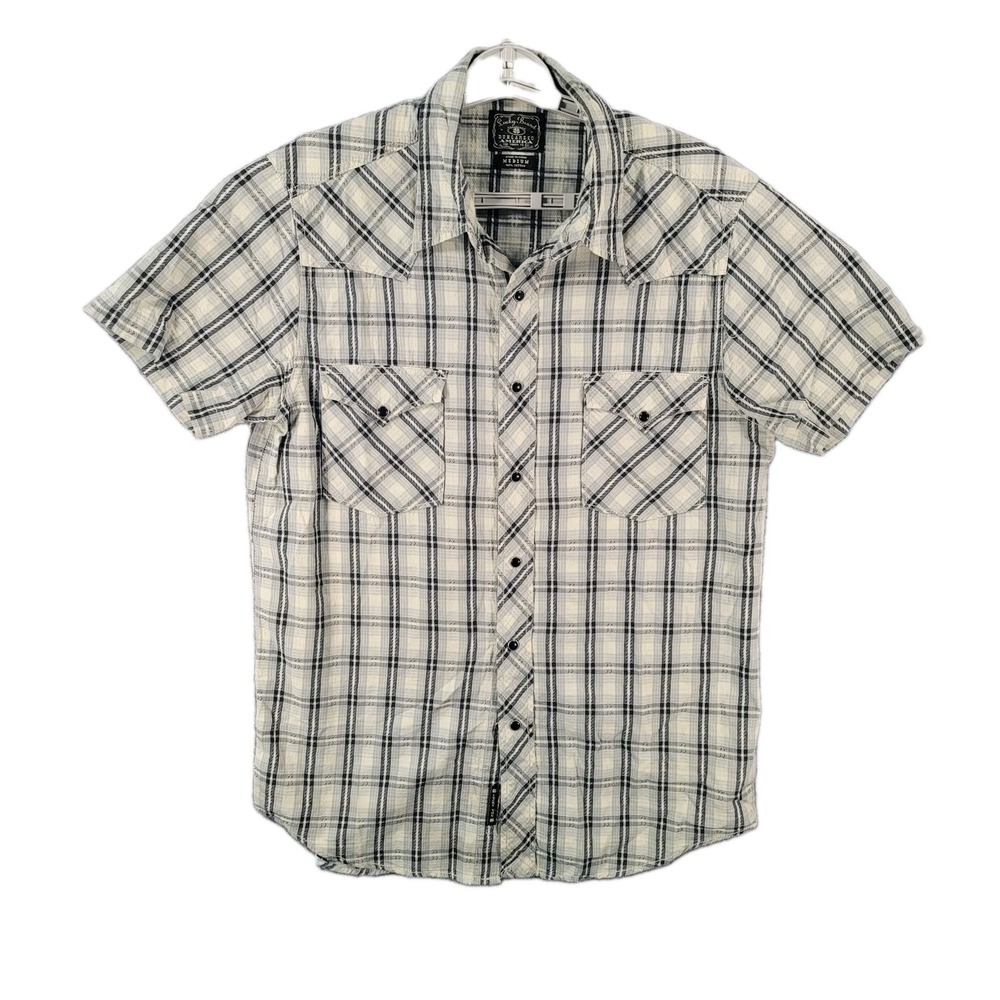 Lucky Brand Rodeo Shirt Mens Medium Western Pearl Snap Seersucker Cowboy Gray